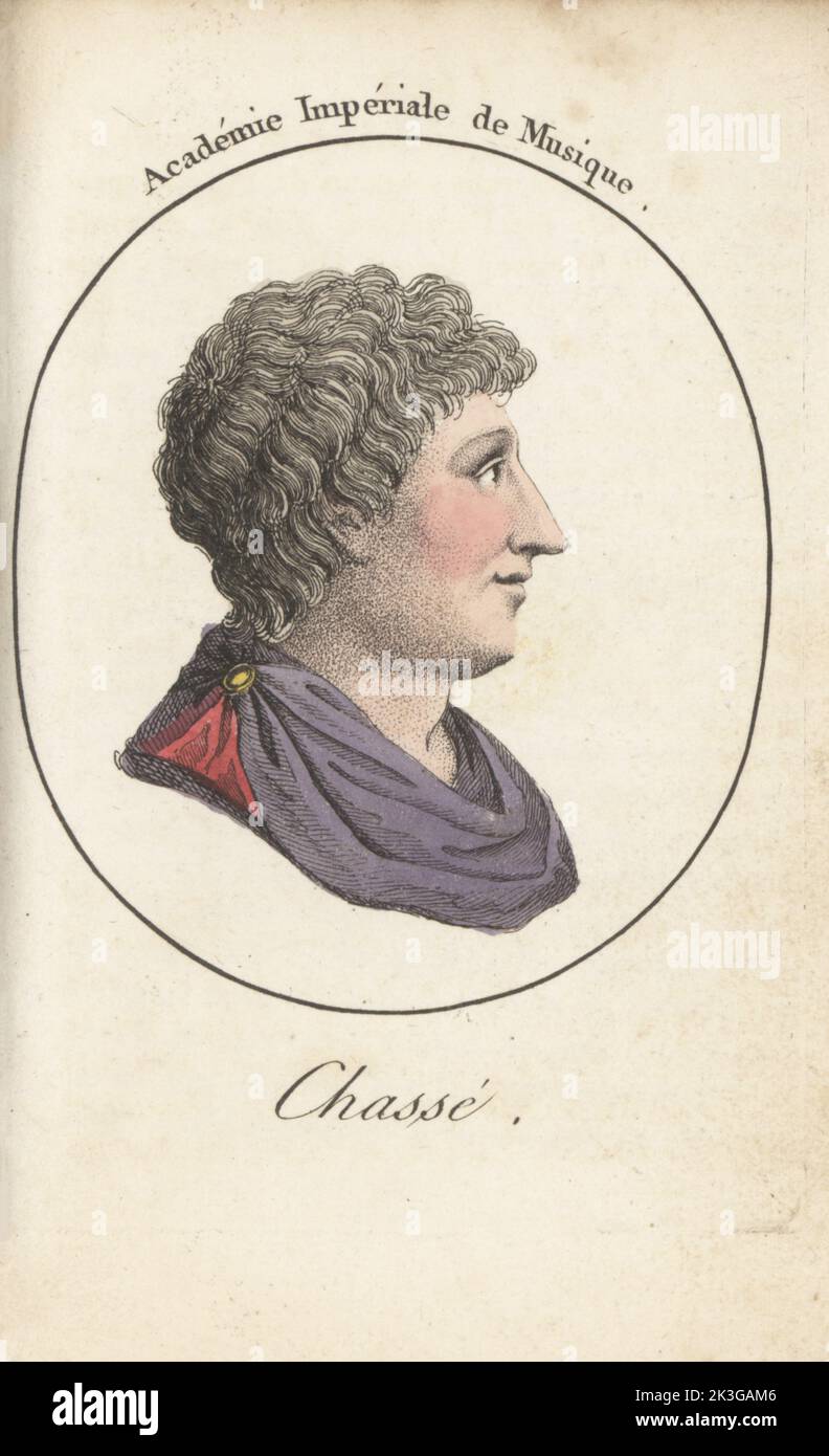 Claude-Louis-Dominique de Chasse de Chinais, französischer Adliger, Ecuyer et Seigneur du Poinceau, Schauspieler und Bariton-Opernsänger, 1699-1786. Chassé. Academie Imperiale de Musique. Handkolorierter Kupferstich nach Jacques Grasset Saint-Sauveur von Acteurs et Actrices Cebres, berühmten Schauspielern und Schauspielerinnen, Le Caliz Latour Libraire, Paris, 1808. Stockfoto