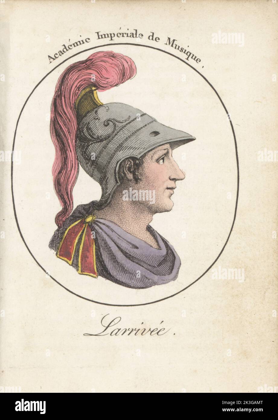 Henri Larrivee, französischer Bariton-Opernsänger, 1737-1802. Trägt einen plumed phrygischen Helm und Umhang. Sie erschien in Opern von Piccinni, Gluck, Salieri und anderen. Larrivée. Academie Imperiale de Musique. Handkolorierter Kupferstich nach Jacques Grasset Saint-Sauveur von Acteurs et Actrices Cebres, berühmten Schauspielern und Schauspielerinnen, Le Caliz Latour Libraire, Paris, 1808. Stockfoto