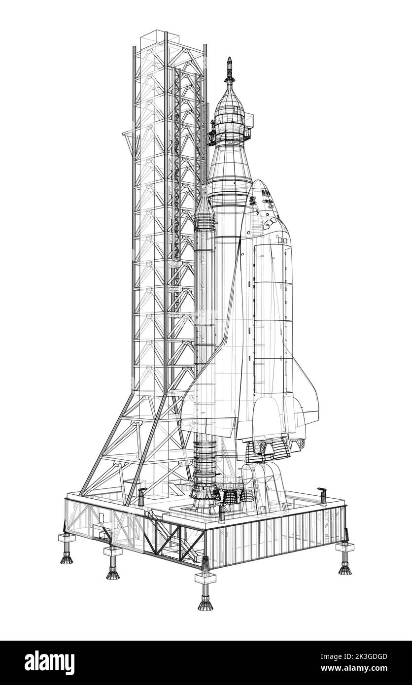 Space Rocket auf der Startrampe. Vektorrendering von 3D Stock Vektor