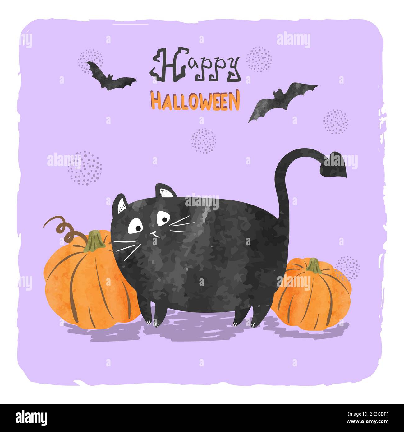 Happy Halloween Grußkarte mit niedlichen schwarzen Katzen und Kürbissen. Vektorgrafik Aquarell. Stock Vektor
