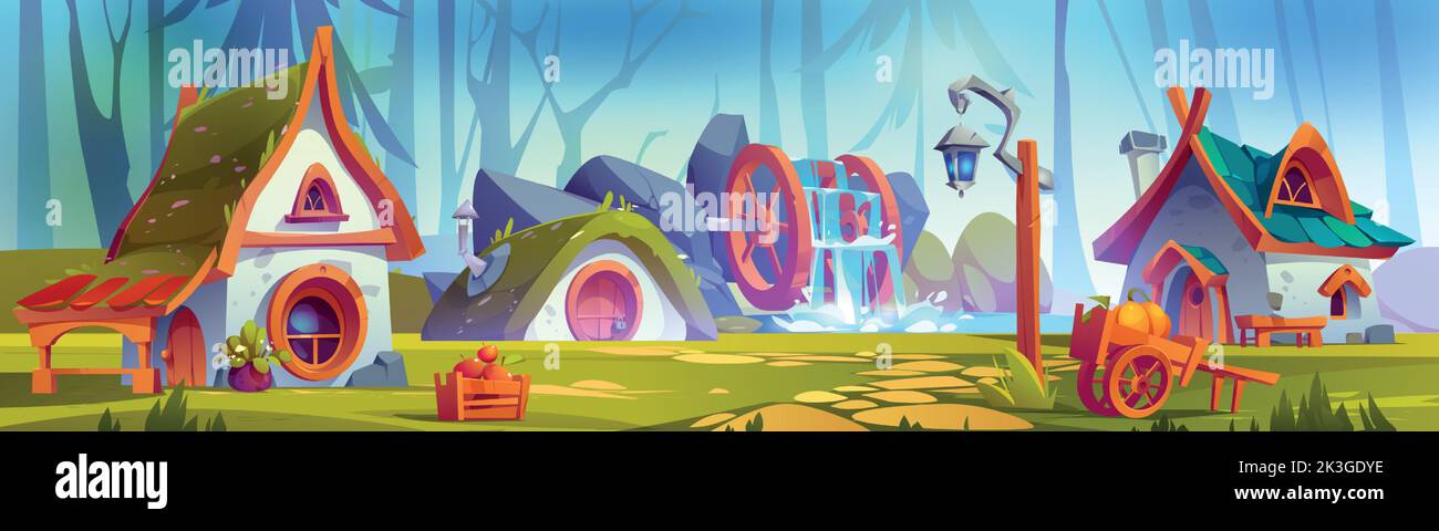 GNOME Dorf mit Häusern, Wassermühle und Laterne im Wald. Sommer Waldlandschaft mit Bäumen, Fantasy-Gebäude und Wassermühle mit Holzrad, Vektor-Cartoon-Illustration Stock Vektor
