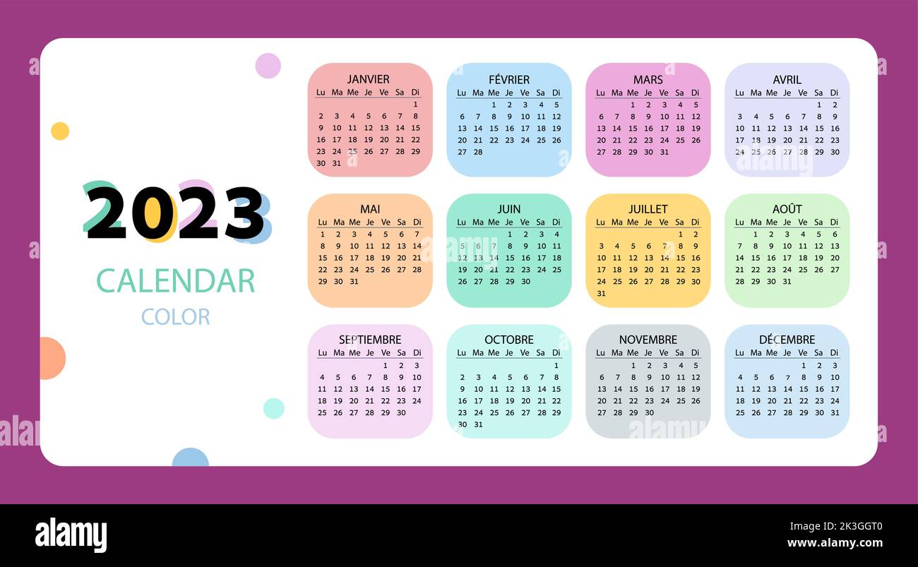Taschenkalender auf 2023 Jahr, Französisch. Farbiger horizontaler Kalender. Die Woche beginnt ab Montag. Vektorvorlage für Unternehmen. Stock Vektor