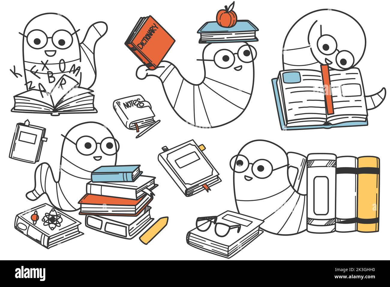 Handgezeichnete lustige Bücherwürmer Doodle Set. Lächelnde Würmer in einer Brille auf Bücherstapeln, die Bildungsliteratur lesen und lernen. Glückliche intelligente Tierfiguren studieren bunte Lehrbücher. Stock Vektor