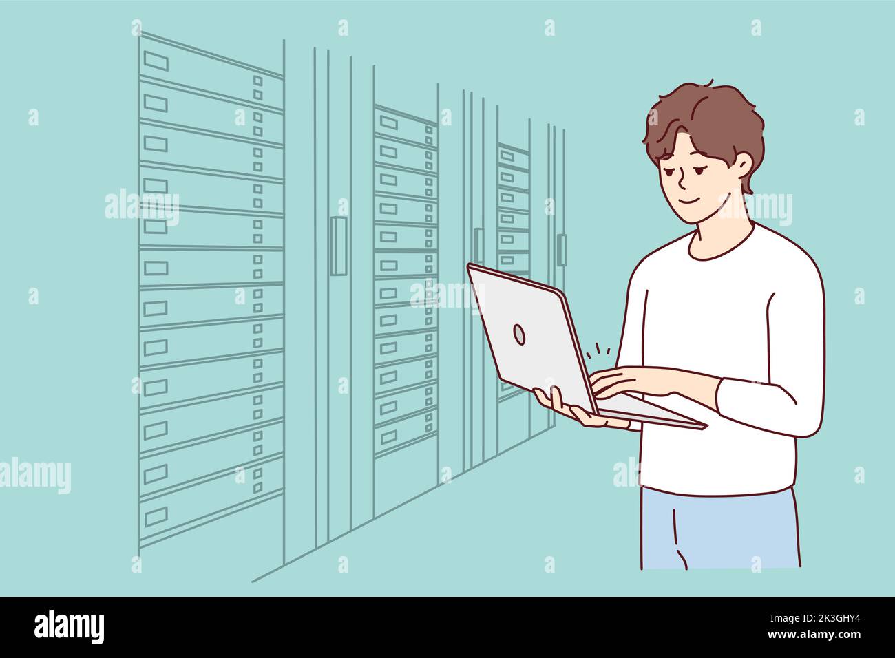 Männlicher Ingenieur mit Laptop, der neben dem Serverraum mit Computern steht. Man IT-Spezialist, der in Rechenzentren in der Nähe von Server-Racks arbeitet. Vektorgrafik. Stock Vektor