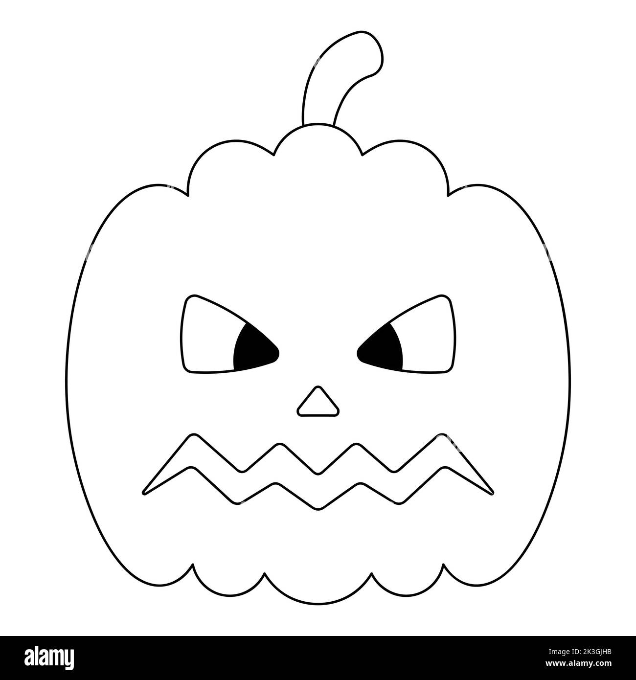 Kürbis. Wütender Gesichtsausdruck. Vektorgrafik. Umriss auf einem isolierten weißen Hintergrund. Doodle-Stil. Bild für Kinder. Skizze. Stock Vektor