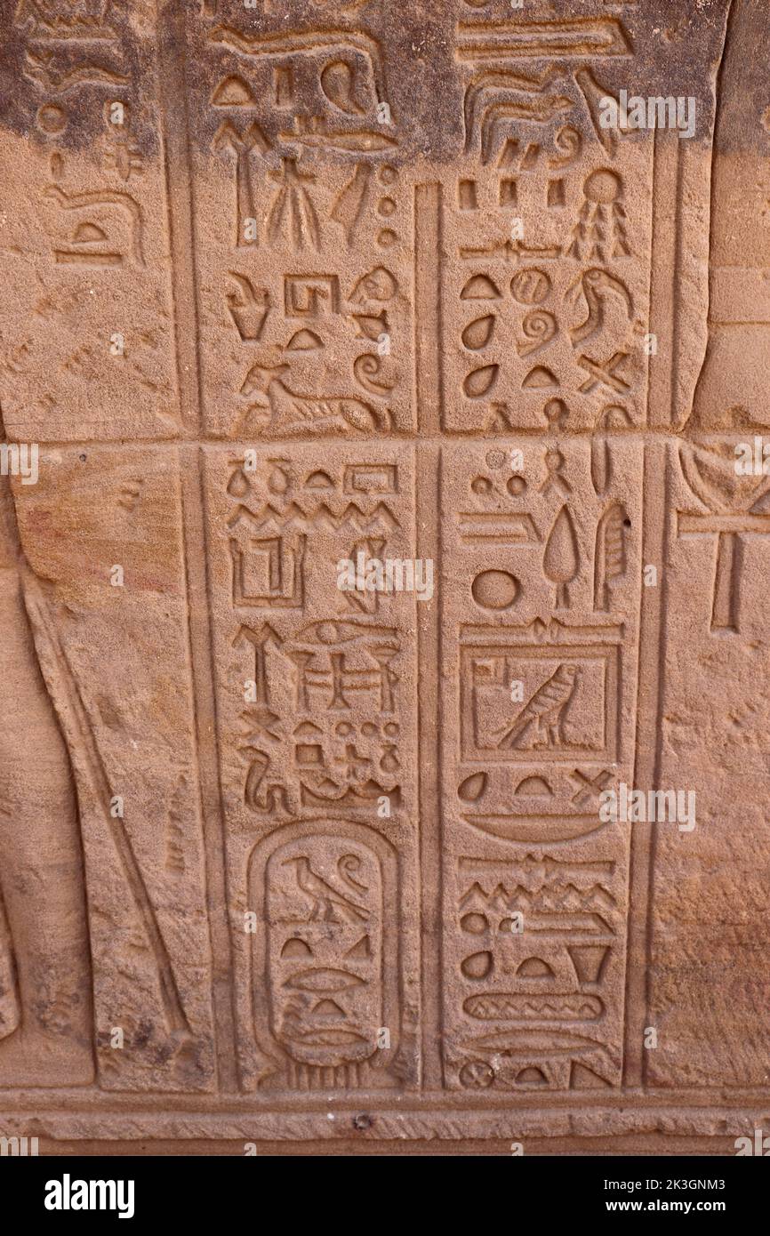 Wunderschöne pharaonische Reliefs und Hieroglyphen, die an den Wänden des Philae-Tempels, Assuan, geschnitzt wurden Stockfoto