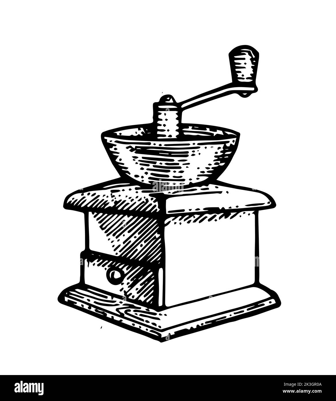 Manuelle Mühle für die Herstellung von Mehl und gemahlenem Kaffee. Veraltete alte Retro-Technologie. Zu Pulver mahlen. Handgezeichnete Umrissskizze. Isoliert auf Weiß Stock Vektor