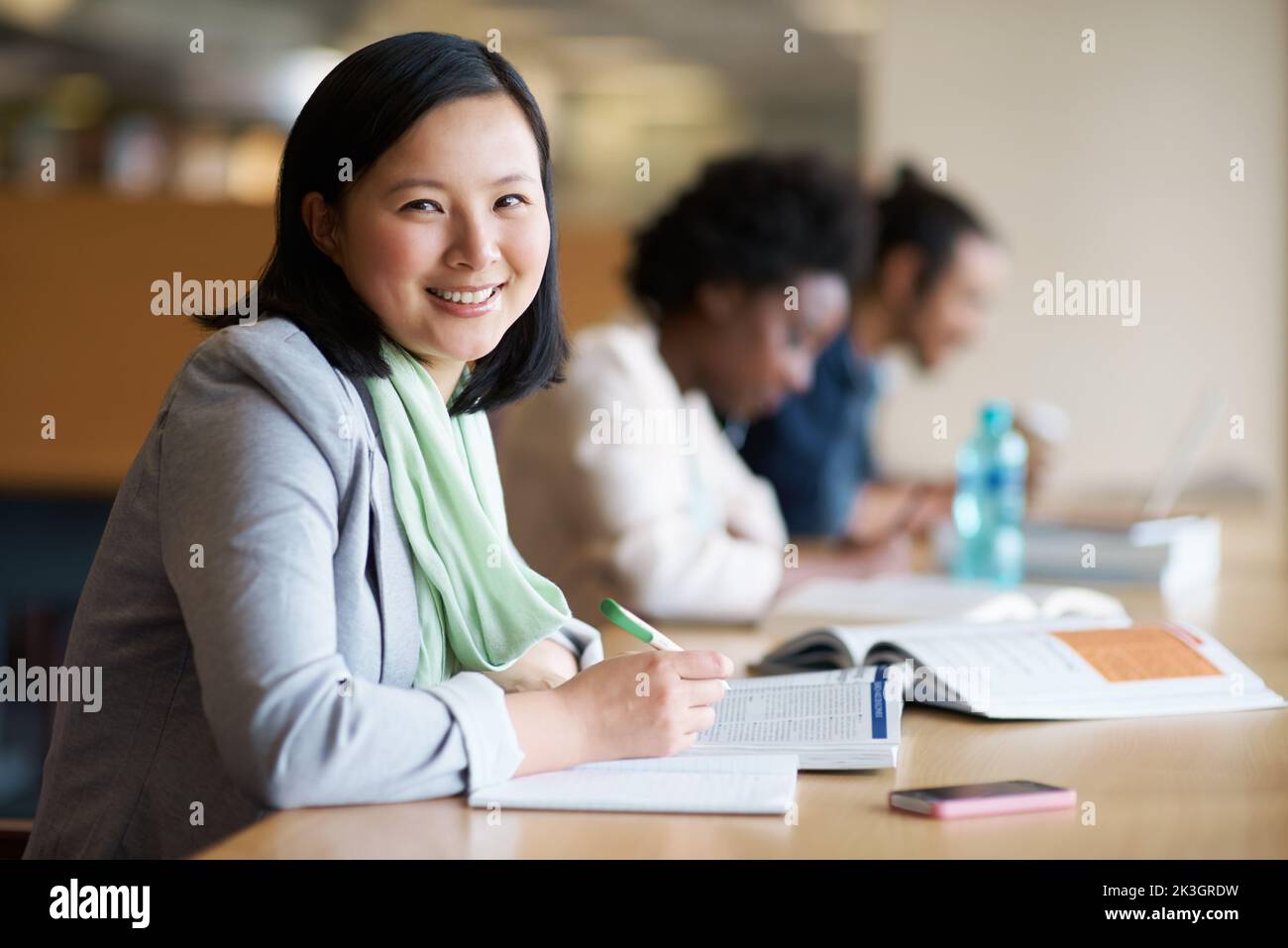 In letzter Minute ein paar Informationen zu sammeln. Eine junge Frau, die mit anderen Studenten in der Bibliothek studiert. Stockfoto
