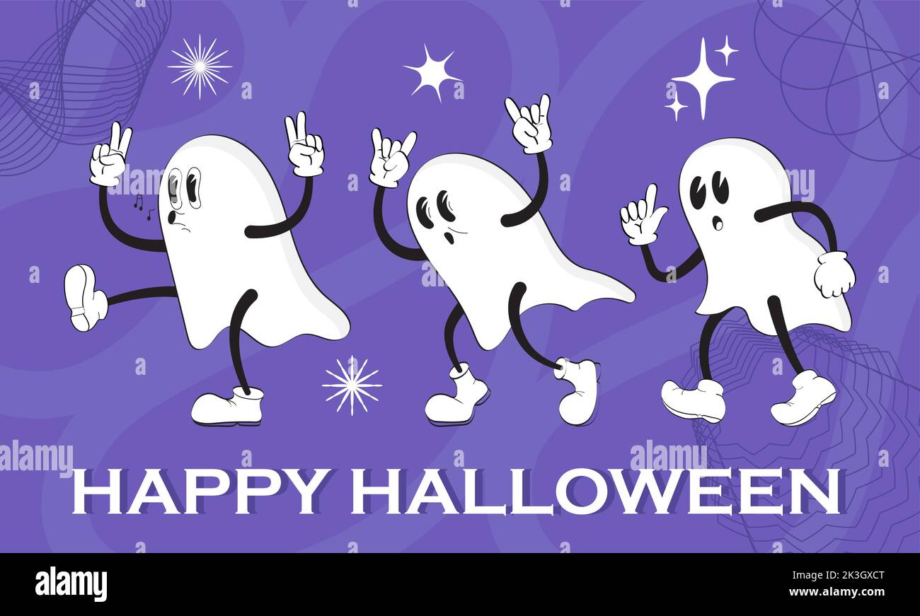 Halloween Maskottchen im Retro-Stil. Halloween-Figuren einschließlich Geister mit Handschuhen. Boo Bannerpaket mit lustigen Cartoon Stock Vektor