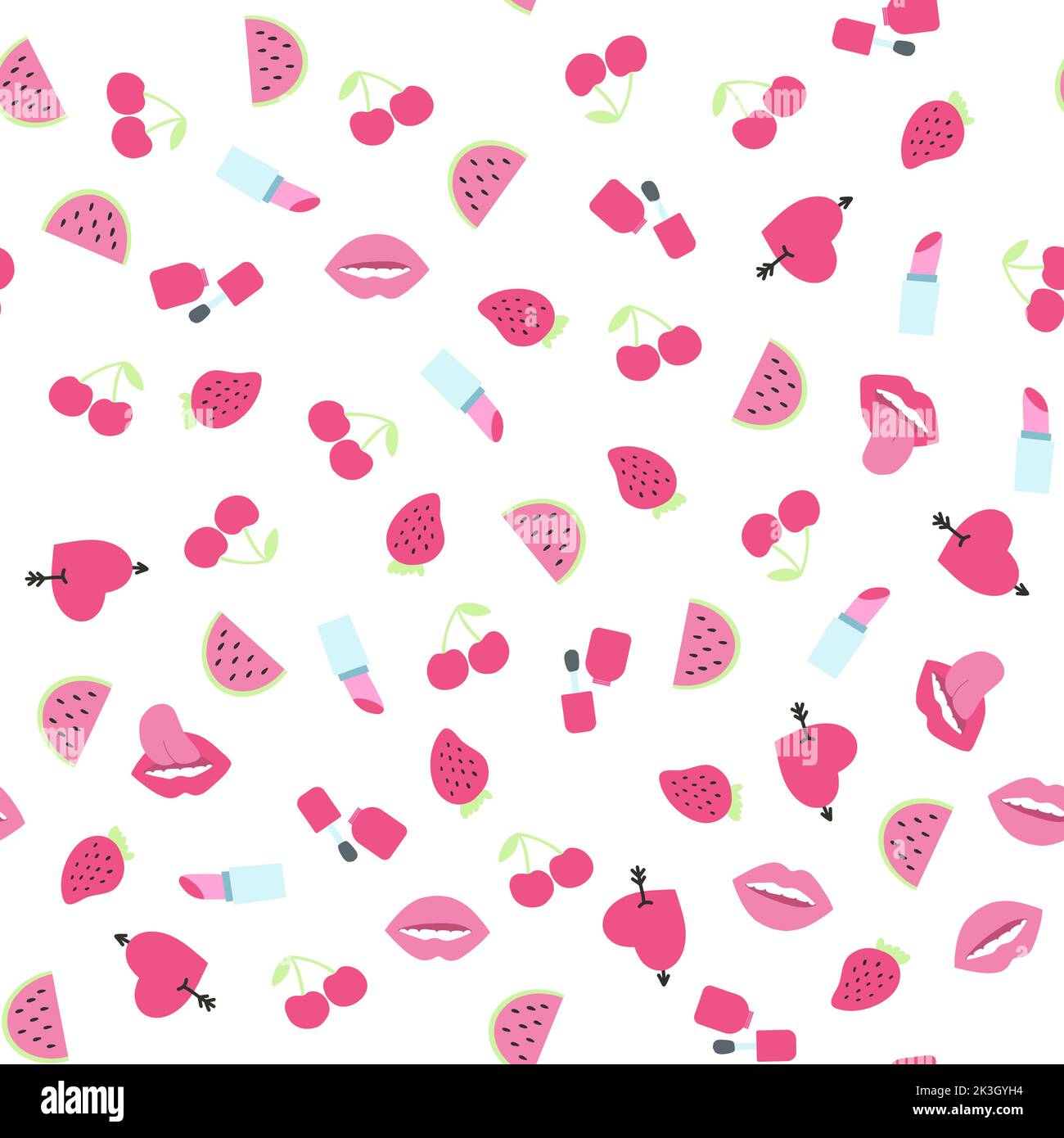 Nahtloses Muster mit Herz, Lippen, Kirsche, Lippenstift, Erdbeere, Nagellack im 1980s 1990s Style. Vektor Retro Hintergrund mit Pop girly Aufkleber in Stock Vektor