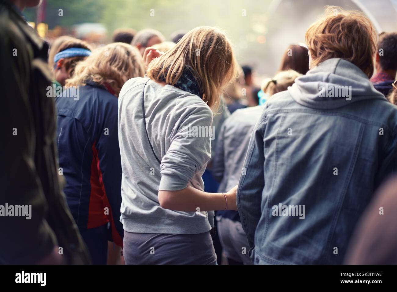 Das Publikum anbeten. Rückansicht einer Menge, die bei einer Musikveranstaltung im Freien tanzt. Stockfoto