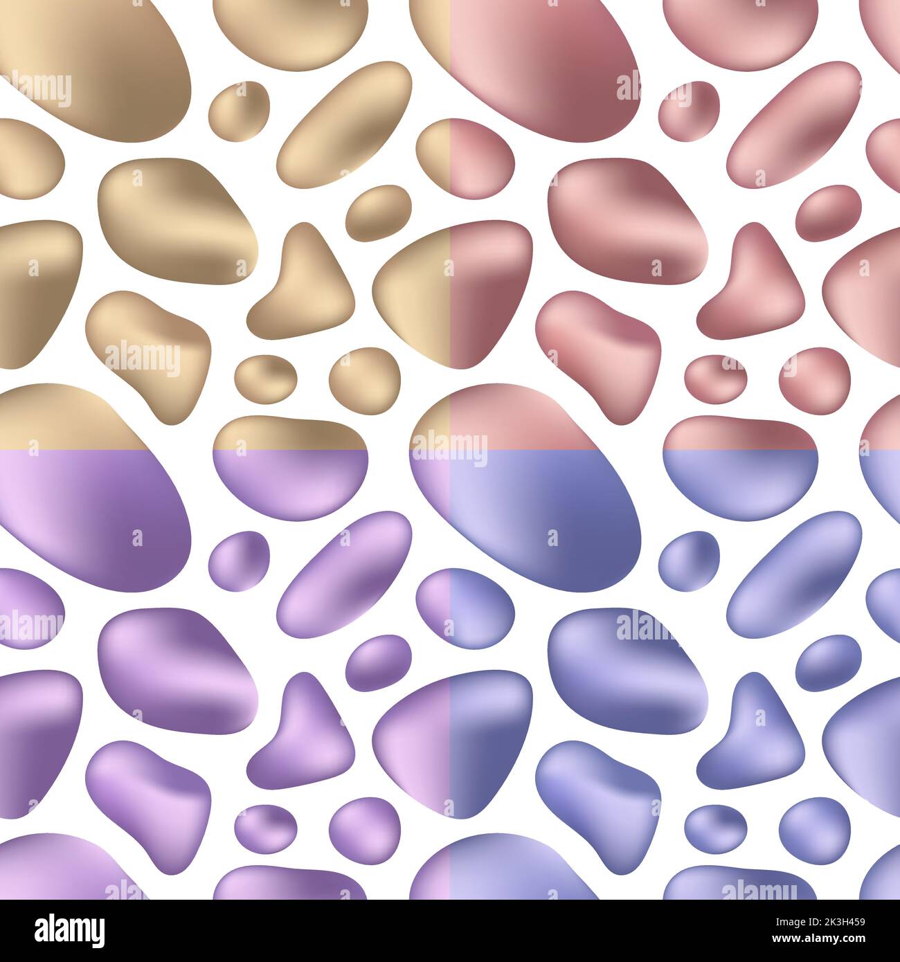 3D flüssige oder flüssige Formen goldenes, rosafarbenes Gold, blaues, violettes Metallic-nahtloses Muster isoliert auf weißem Hintergrund. Vektorgrafik Stock Vektor