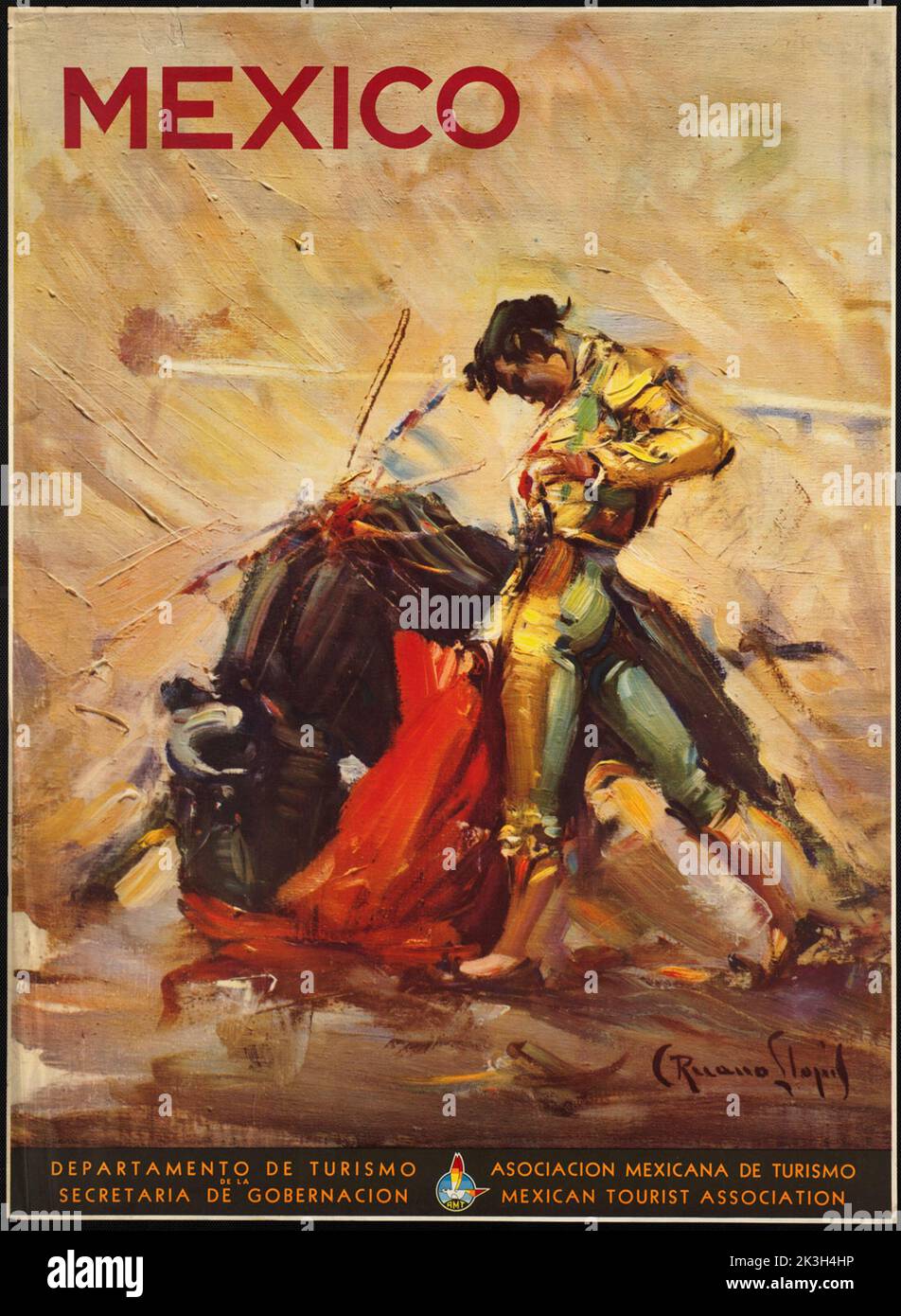 Buntes Vintage-Reiseplakat von Mexiko, das einen Matador und einen Stierkampf zeigt Stockfoto