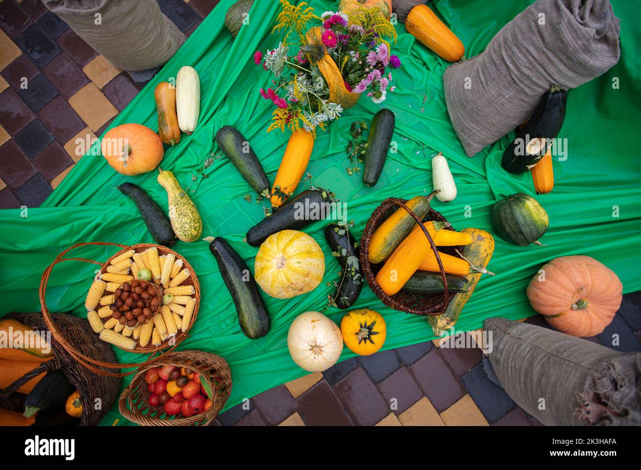 Dorfmesse. Gemüse und Obst in Korbkörben. Herbstreiche Ernte. Stockfoto