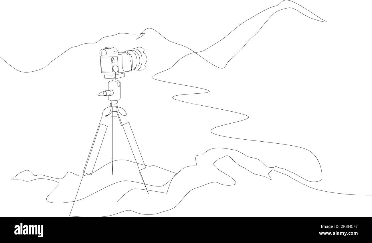 Eine kontinuierliche Linienzeichnung der Kamera auf einem Stativ, das Berge aufzeichnet. Vektorgrafik Stock Vektor