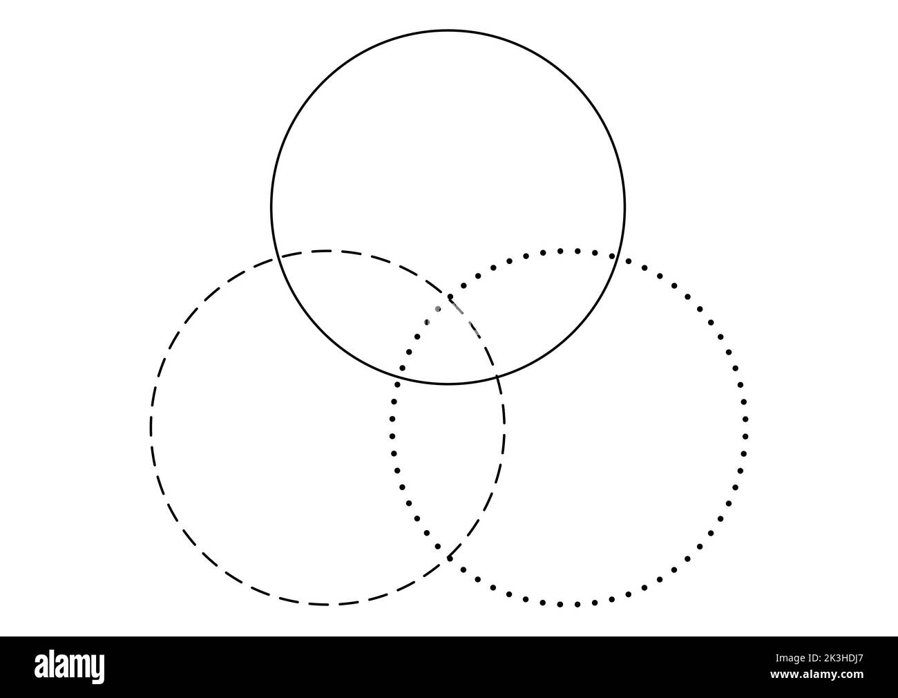 Venn-Diagramm verschmelzen drei Linien und gestrichelte Linie Kreise Diagramm Infografik Zeichen. Stock Vektor