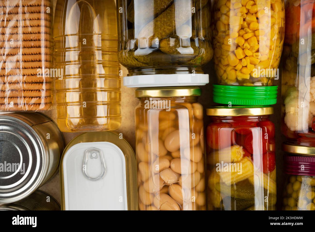 Notfall Lebensmittel Lebensmittel Hintergrund flach lag Stockfoto