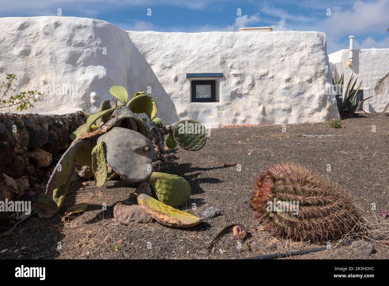 Typisches weißes Haus auf der Insel La Graciosa, mit Wüstenvegetation, Lanzarote, Kanarische Inseln, Spanien. Stockfoto