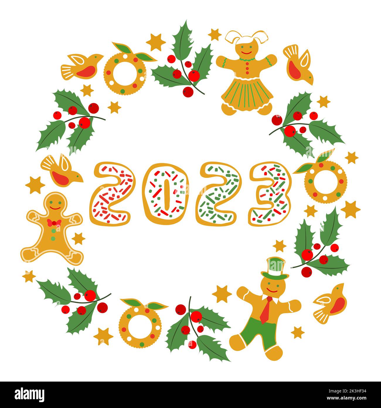 Frohes neues Jahr Frohe Weihnachten Vektor Illustration Spaß Cartoon Lebkuchenmann, Mistel, Vogel, Weihnachtskranz, Zahlen 2023 auf weißem Hintergrund. Chr Stock Vektor