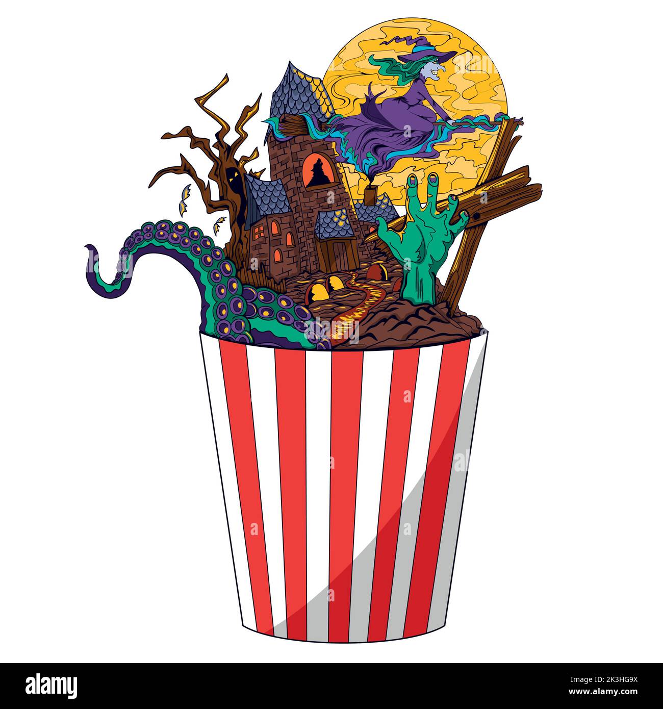 Horror Popcorn. Abstrakte Illustration für einen Wirbelsäulen-Chiller-Film in einer Popcorn-Tasse. Thriller-Geschichten. Horrorfilmfestival. Stock Vektor