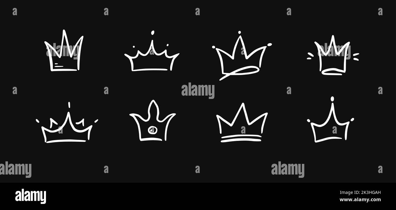 Handgezeichnetes Set mit Doodle Crown. Doodle Prinzessin Krone, Königin Tiara. Linie skizzieren königliches Element. Königin, König von Hand gezeichnet einfaches Design-Element. Isolierte Vektordarstellung. Stock Vektor