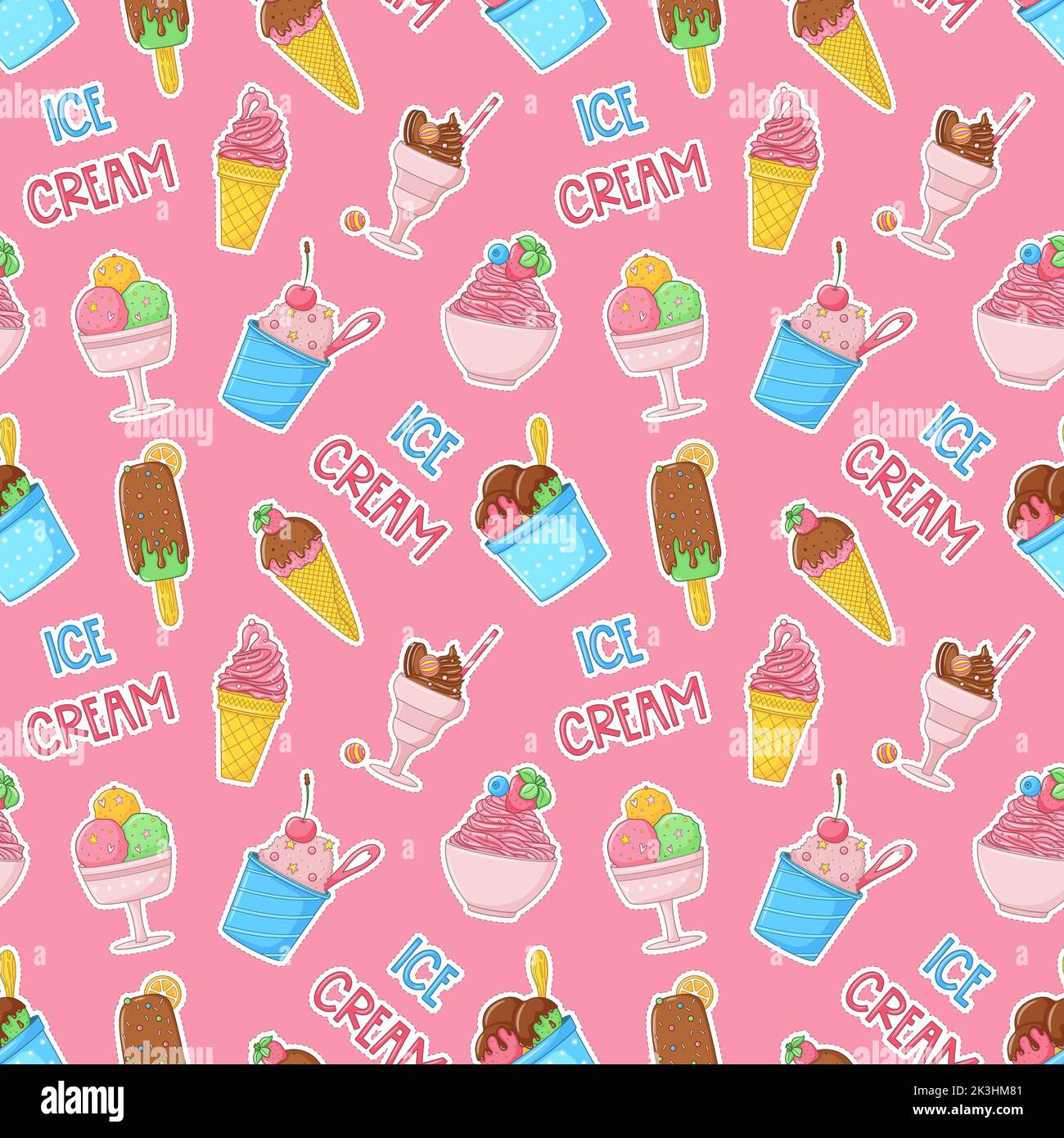 Sommer nahtlose Muster mit Cartoon helle Eis, Eis, Erdbeere, Schokolade. Geschenkpapier, Stoff, Tapetendesign. Süßes Sommeressen. V Stock Vektor
