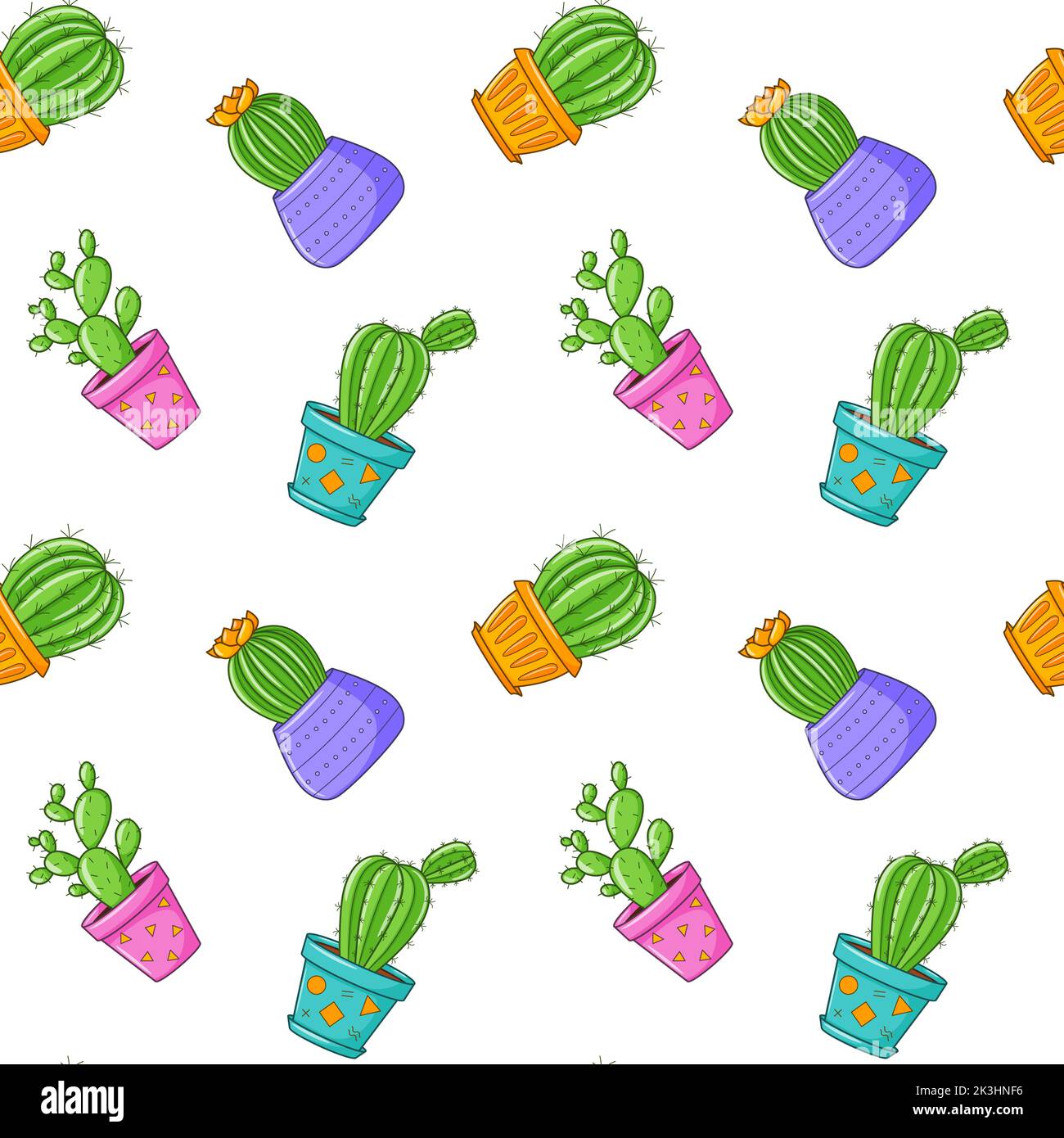 Nahtloses Muster mit verschiedenen Kaktus, Sukkulente Pflanze in hellen Blumentopf. Cartoon Kakteen. Handzeichnung Hintergrund mit Zimmerpflanzen. Vektorgrafik Stock Vektor