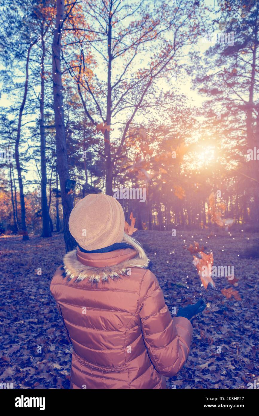 Junge Frau in warmen Kleidern, die sich mit Herbstblättern im Wald amüsieren. Stockfoto