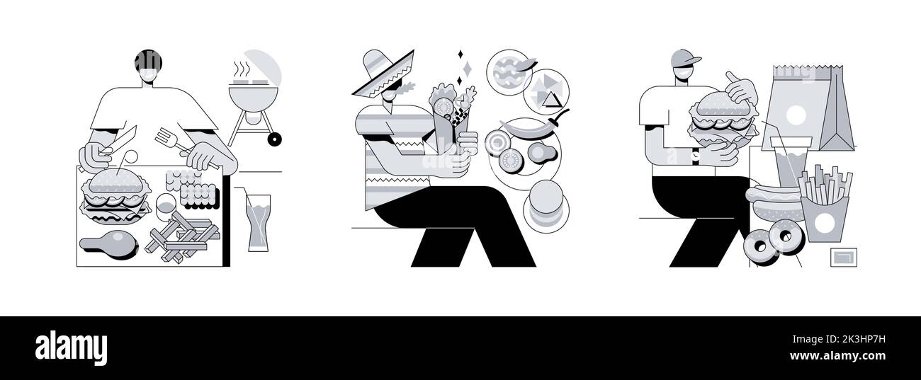 National Cuisine abstraktes Konzept Vektor Illustration Set. Amerikanische Küche, mexikanische und Fast Food, Grillplatte, Burrito Rezept, Restaurantkette, Snack-Menü, Abstrakte Metapher für Essen zum Mitnehmen. Stock Vektor