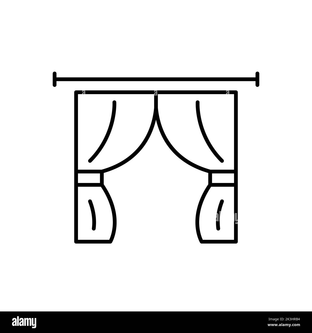 Einfaches Vektorsymbol für den schwarzen Vorhang umreißen. EPS 10.. Illustration für isolierte Wohnstätte... Moderne Innenausstattung Dekorationtextilien. Grafisches Design-Element..... Stockfoto