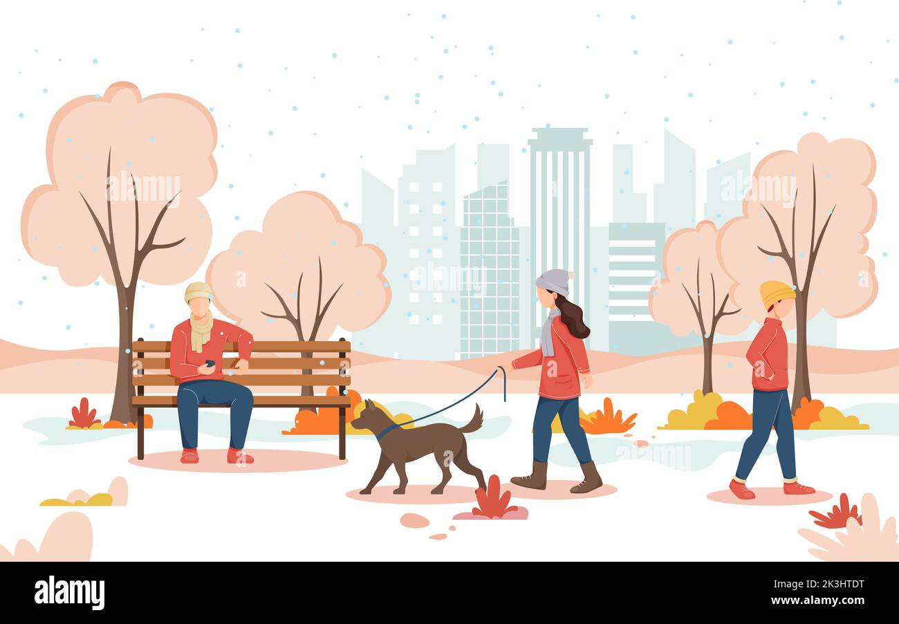 Frauen, die im kalten Schnee im Winter mit Menschen im Park spazieren gehen - Stockillustration als EPS 10 Datei Stock Vektor