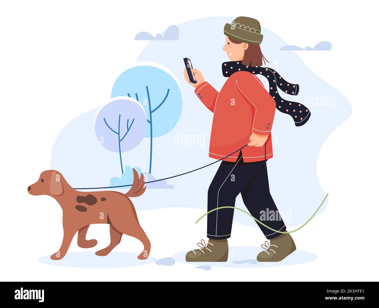 Frauen Wanderhund im kalten Schneewinter - Stockillustration als EPS 10 Datei Stock Vektor