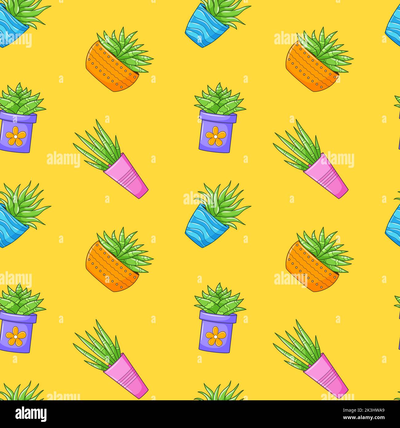 Nahtloses Muster mit verschiedenen Kaktus, Sukkulente Pflanze in hellen Blumentopf. Cartoon Kakteen. Handzeichnung Hintergrund mit Zimmerpflanzen. Vektorgrafik Stock Vektor