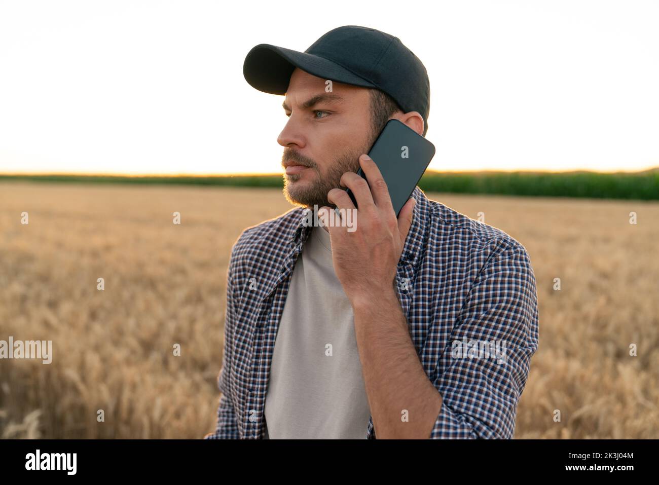 Bärtiger Bauer mit Handy und digitalem Tablet auf landwirtschaftlichem Feld bei Sonnenuntergang Stockfoto