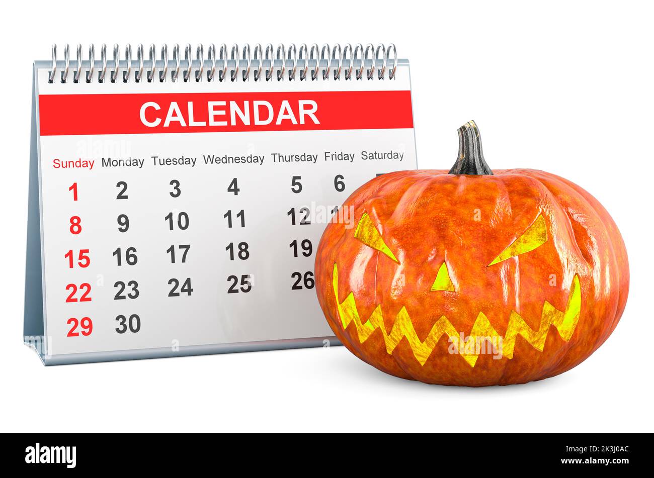 Halloween Kürbis mit Tischkalender, 3D Rendering isoliert auf weißem Hintergrund Stockfoto