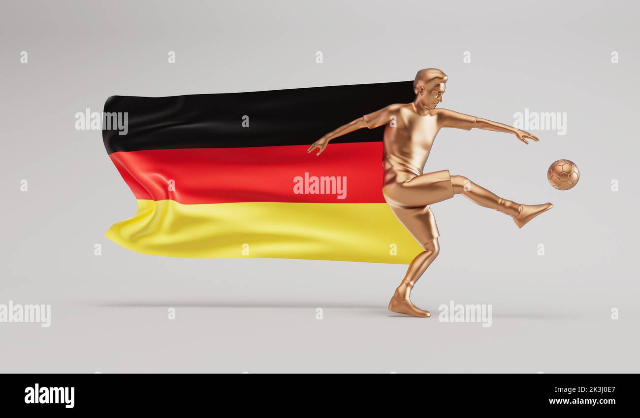 Goldener Fußballspieler tritt einen Ball mit der flagge deutschlands. 3D Rendering Stockfoto