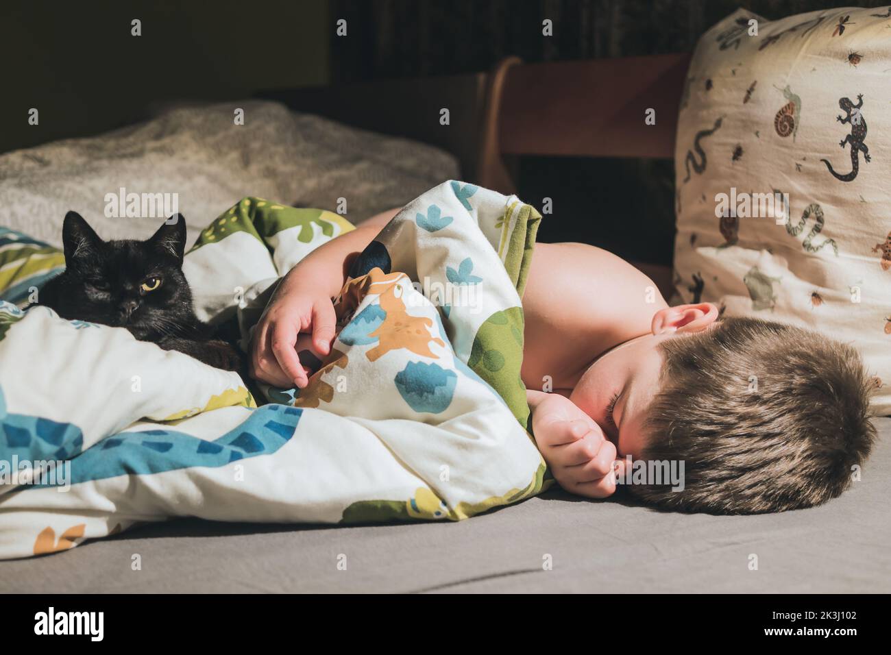 Kind, Junge schläft im Bett mit schwarzer Katze. Niedliches Kätzchen, das mit Kind auf dem Bett
