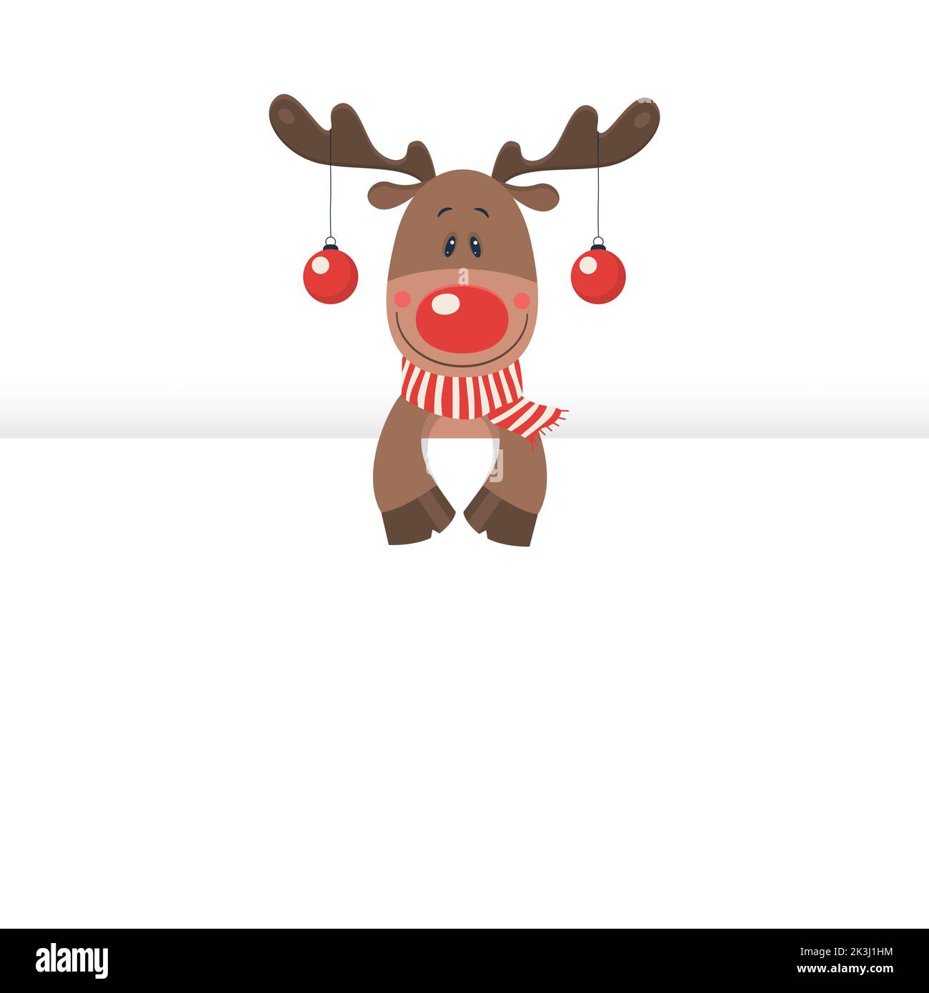 Vektor Lustige und nette Cartoon Weihnachten Hirsch tragen Weihnachten roten Schal und Kugeln. Neujahrsgrüßen und Weihnachtskarte für Kinder. Urlaub Im Peeking Stock Vektor