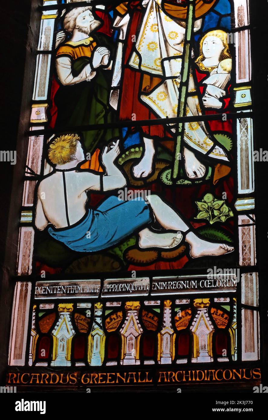 Ricardus Greenall, Archidiaconus Cestrensis, Südwand, John the baptist Fenster, in St. Thomas, Stockton Heath, Warrington, Cheshire, England, UK, WA4 6HJ Stockfoto