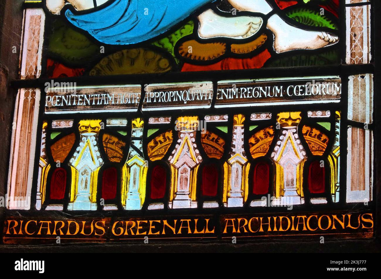 Ricardus Greenall, Archidiaconus Cestrensis, Südwand, John the baptist Fenster, in St. Thomas, Stockton Heath, Warrington, Cheshire, England, UK, WA4 6HJ Stockfoto