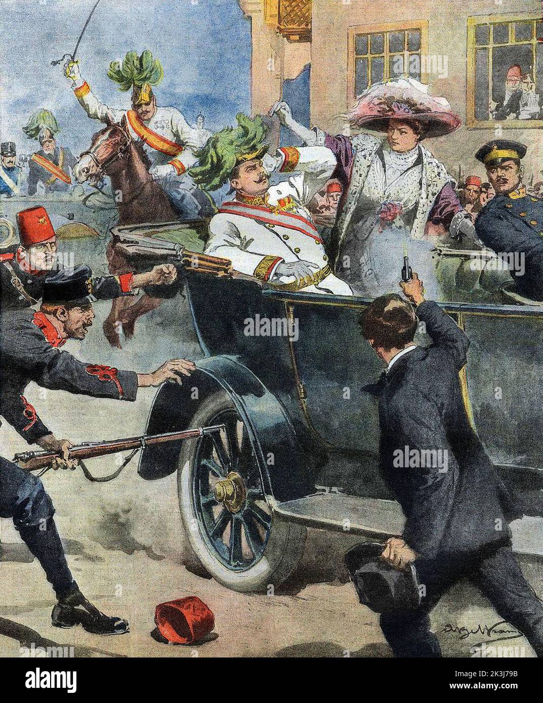 Eine Illustration vom Juli 1914 von Achille Beltrame über das Ereignis, das weithin als Auslöser des Ersten Weltkriegs anerkannt wurde. Erzherzog Franz Ferdinand, Neffe von Kaiser Franz Josef und Erbe der österreichisch-ungarischen Monarchie, wurde zusammen mit seiner Frau vom 19-jährigen Gavrilo Princip getötet, Ein serbischer Nationalist in Sarajevo, Bosnien, am 28. Juni 1914. Stockfoto