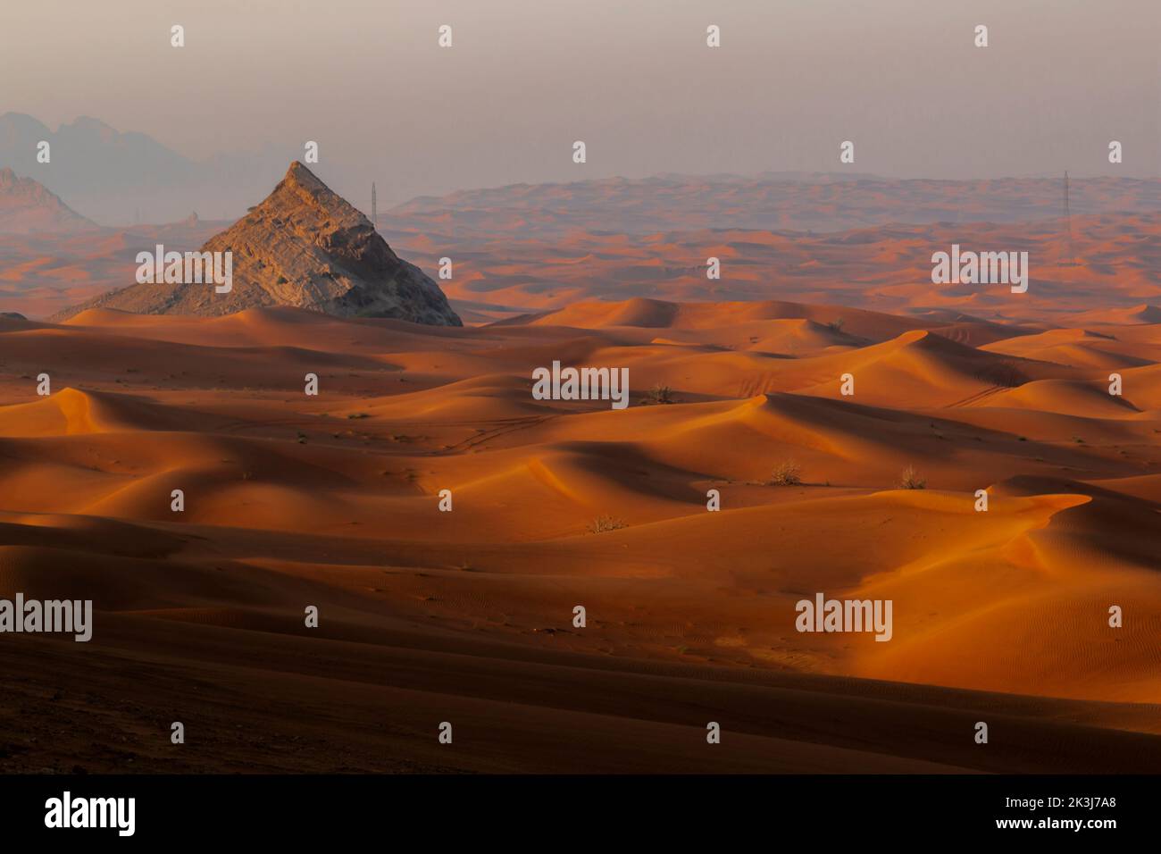 Maleha-Wüste. Maleha ist eine große Düne in Sharjah, VAE. Fossile Felsen oder rosa Felsen sind eine harte Felsstruktur direkt zwischen Sanddünen, ein Naturwunder Stockfoto