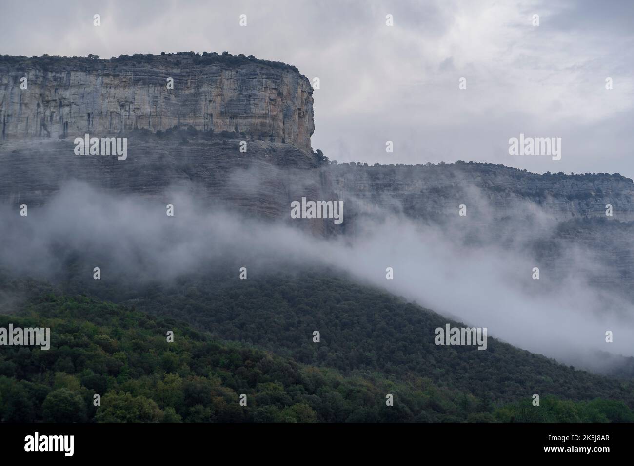 Nebel im Stausee Sau und den Klippen von Tavertet, in der Region Collsacabra (Osona, Barcelona, Katalonien, Spanien) ESP: Nieblas en el embalse de Sau Stockfoto