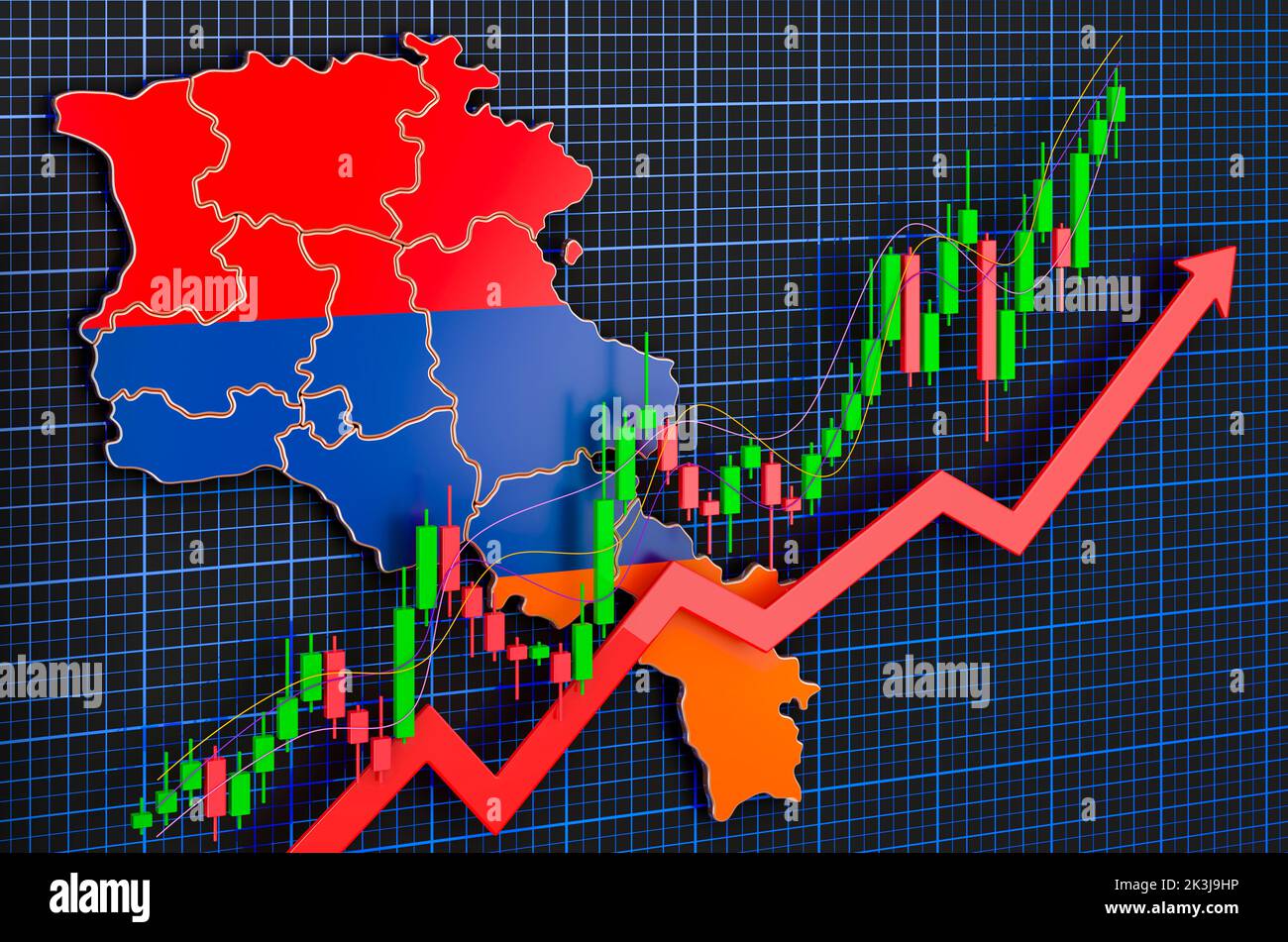 Wirtschaftswachstum in Armenien, Aufwärtstrend Markt, Konzept. 3D Rendering auf blauem, dunklem Hintergrund Stockfoto