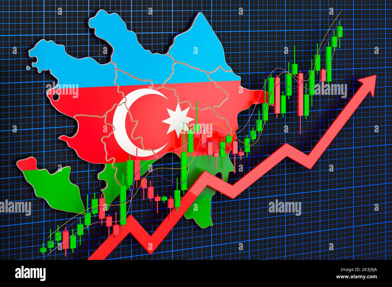 Wirtschaftswachstum in Aserbaidschan, Aufwärtstrend Markt, Konzept. 3D Rendering auf blauem, dunklem Hintergrund Stockfoto
