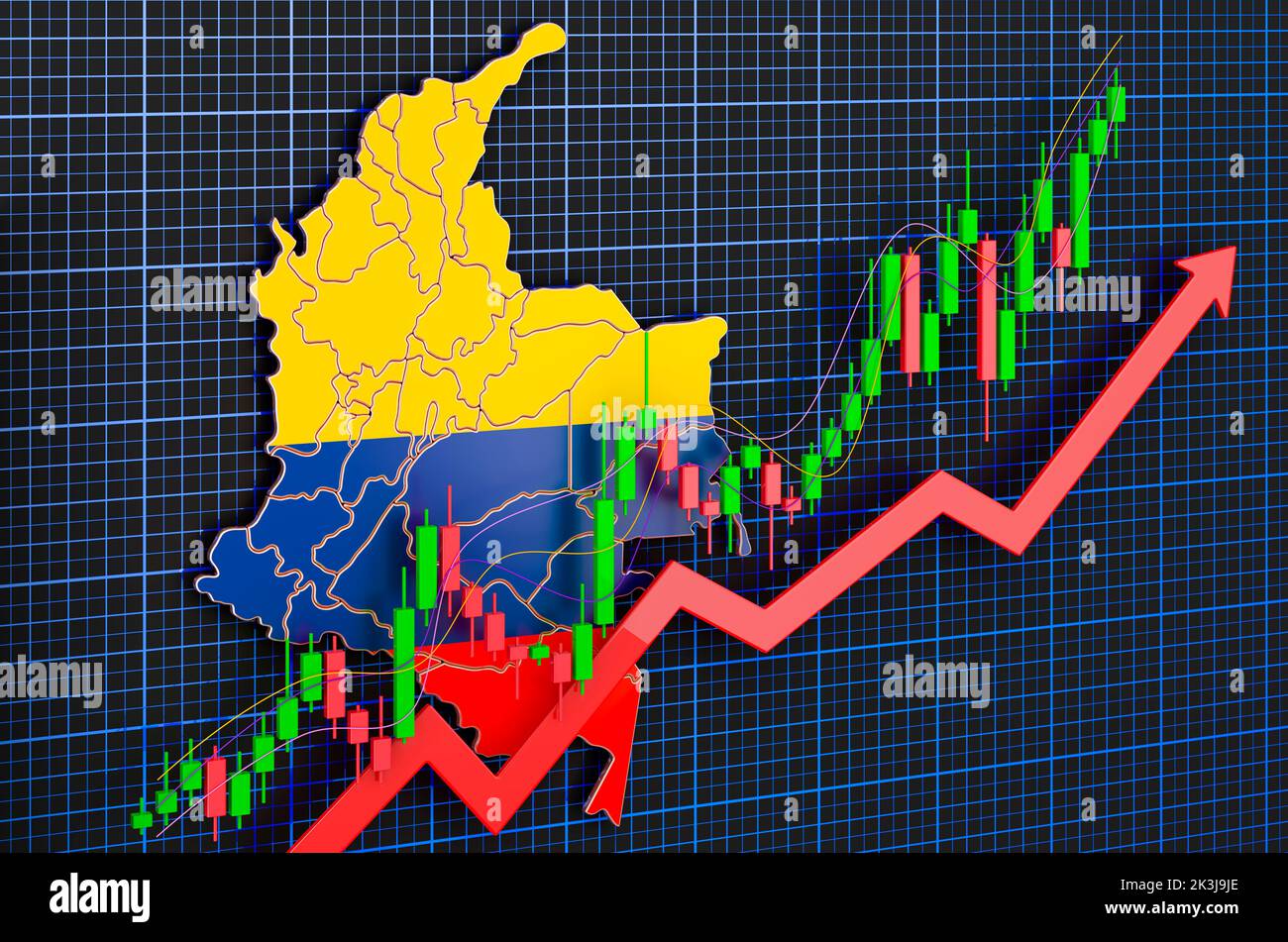 Wirtschaftswachstum in Kolumbien, Aufwärtstrendmarkt, Konzept. 3D Rendering auf blauem, dunklem Hintergrund Stockfoto