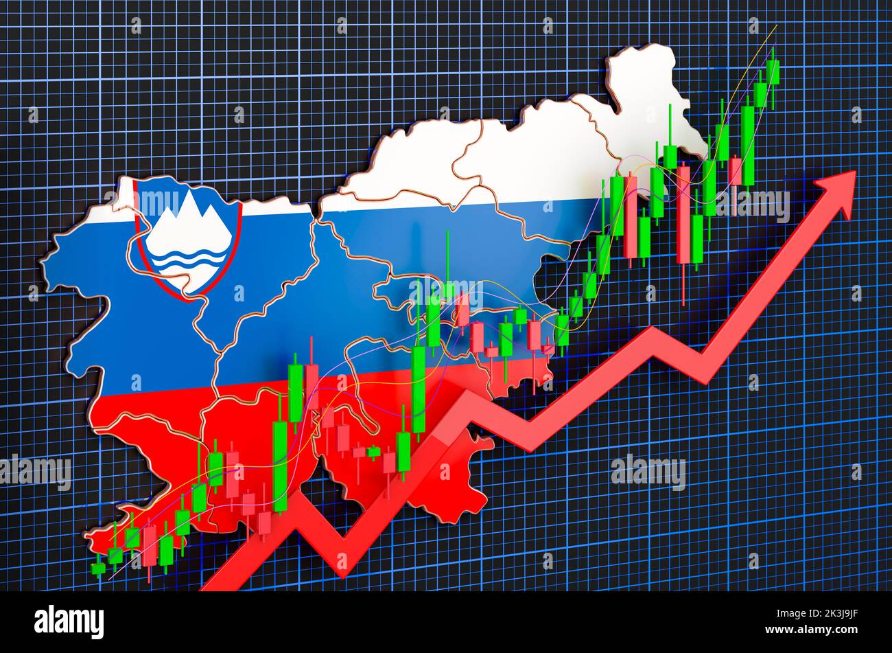 Wirtschaftswachstum in Slowenien, Aufwärtstrendmarkt, Konzept. 3D Rendering auf blauem, dunklem Hintergrund Stockfoto