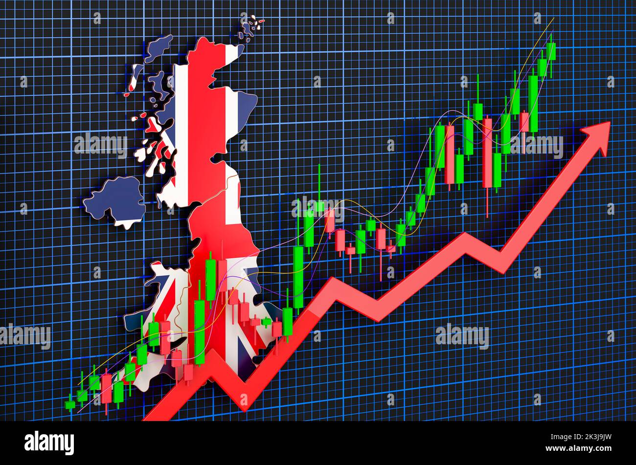Wirtschaftswachstum in Großbritannien, Aufwärtstrendmarkt, Konzept. 3D Rendering auf blauem, dunklem Hintergrund Stockfoto