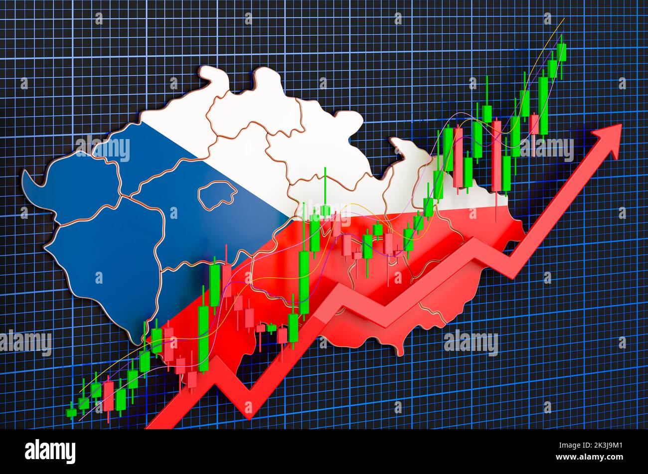 Wirtschaftswachstum in der Tschechischen Republik, Aufwärtstrendmarkt, Konzept. 3D Rendering auf blauem, dunklem Hintergrund Stockfoto
