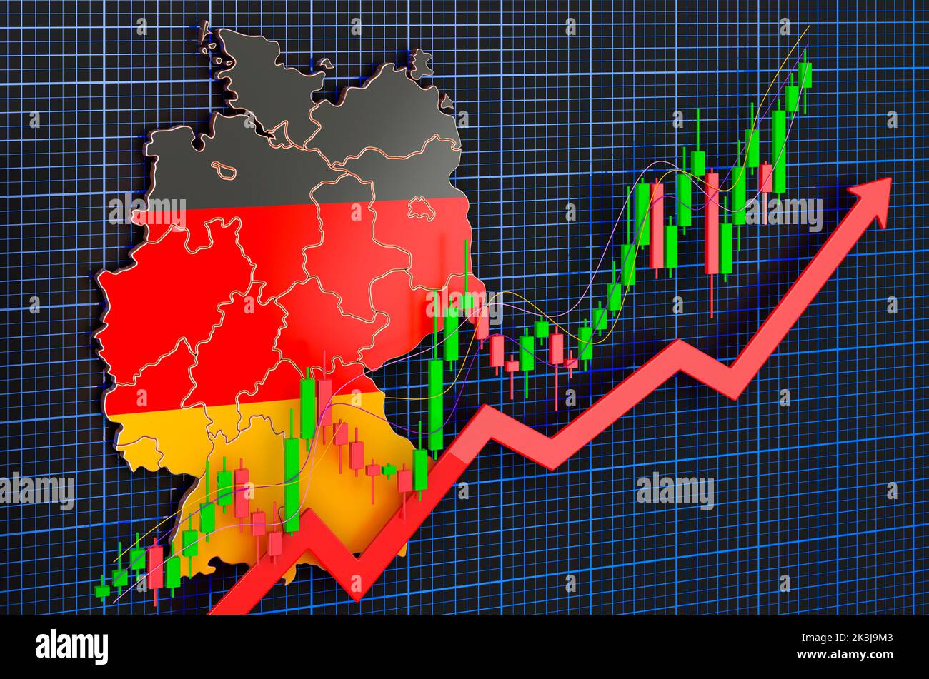 Wirtschaftswachstum in Deutschland, Aufwärtstrendmarkt, Konzept. 3D Rendering auf blauem, dunklem Hintergrund Stockfoto